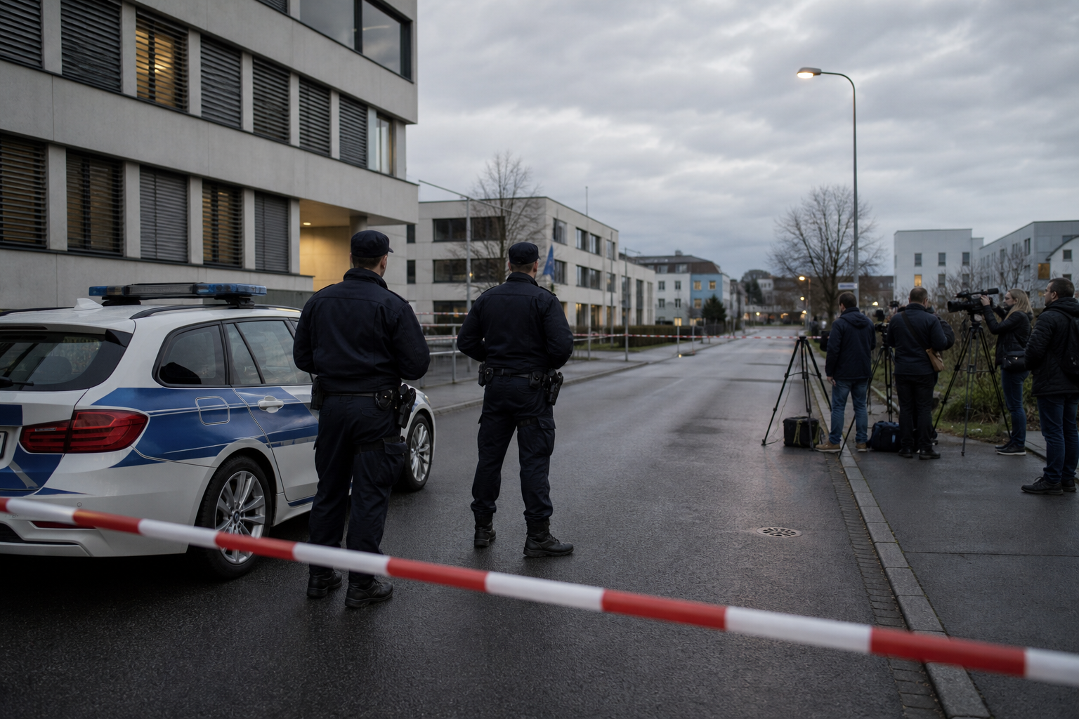 Swiss police officers beside a patrol car behind cordon tape at dawn after the arrest of the Aarau rave shooting suspect