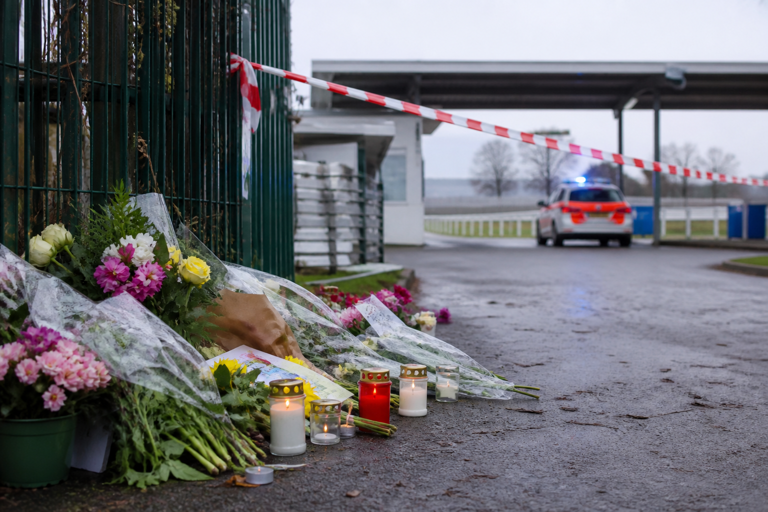 Flowers and candles beside police cordon tape at the entrance of the Schachen racetrack in Aarau