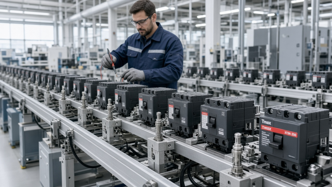 An industrial control cabinet with rows of low voltage switchgear and circuit breakers inside a factory