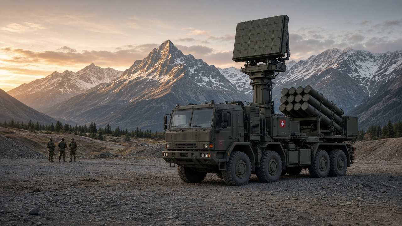 A mobile air defence radar and missile launch canisters on a Swiss alpine military test range at dawn