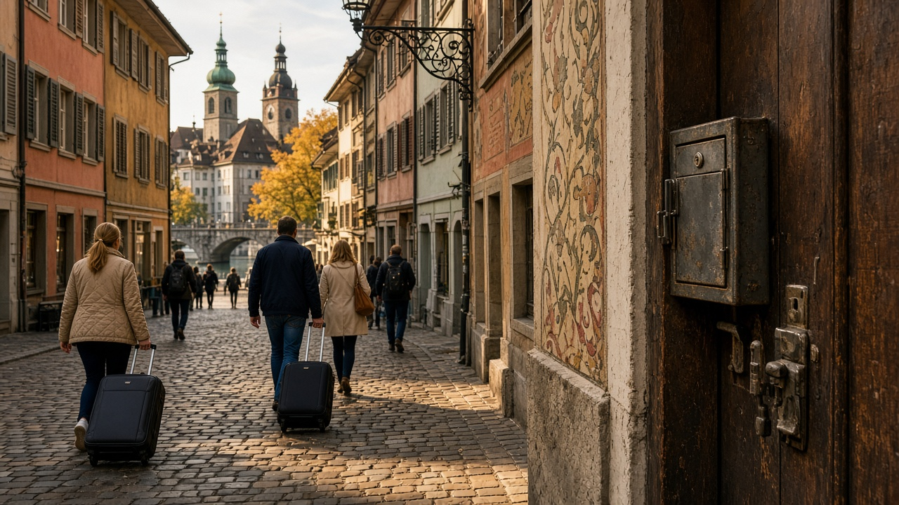 Tourists pulling wheeled suitcases over cobblestones in a historic Swiss old town street with painted facades