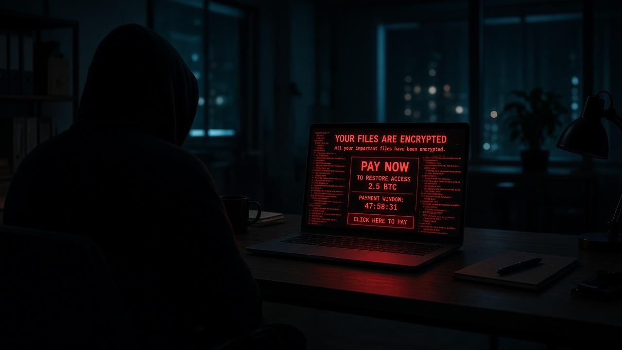 A hooded figure silhouetted behind a laptop glowing red with a ransom demand in a dark office at night