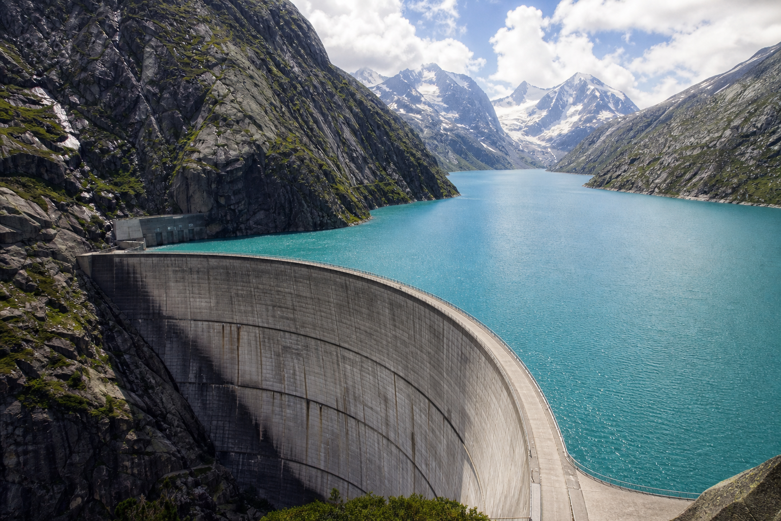 A curved hydroelectric dam in the Swiss Alps
