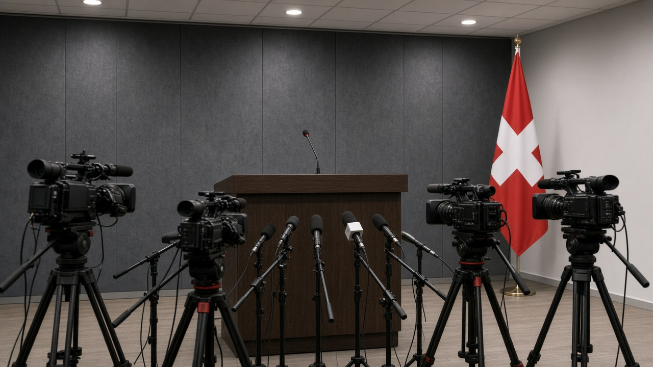 A bank of microphones and television cameras at an empty press conference podium with a Swiss flag behind