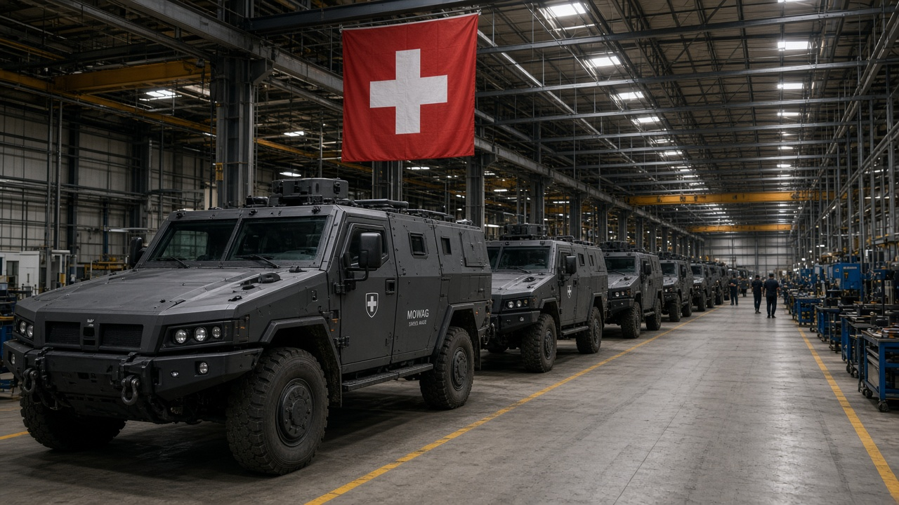 Swiss made armoured vehicles parked in a factory hall beneath a hanging Swiss flag