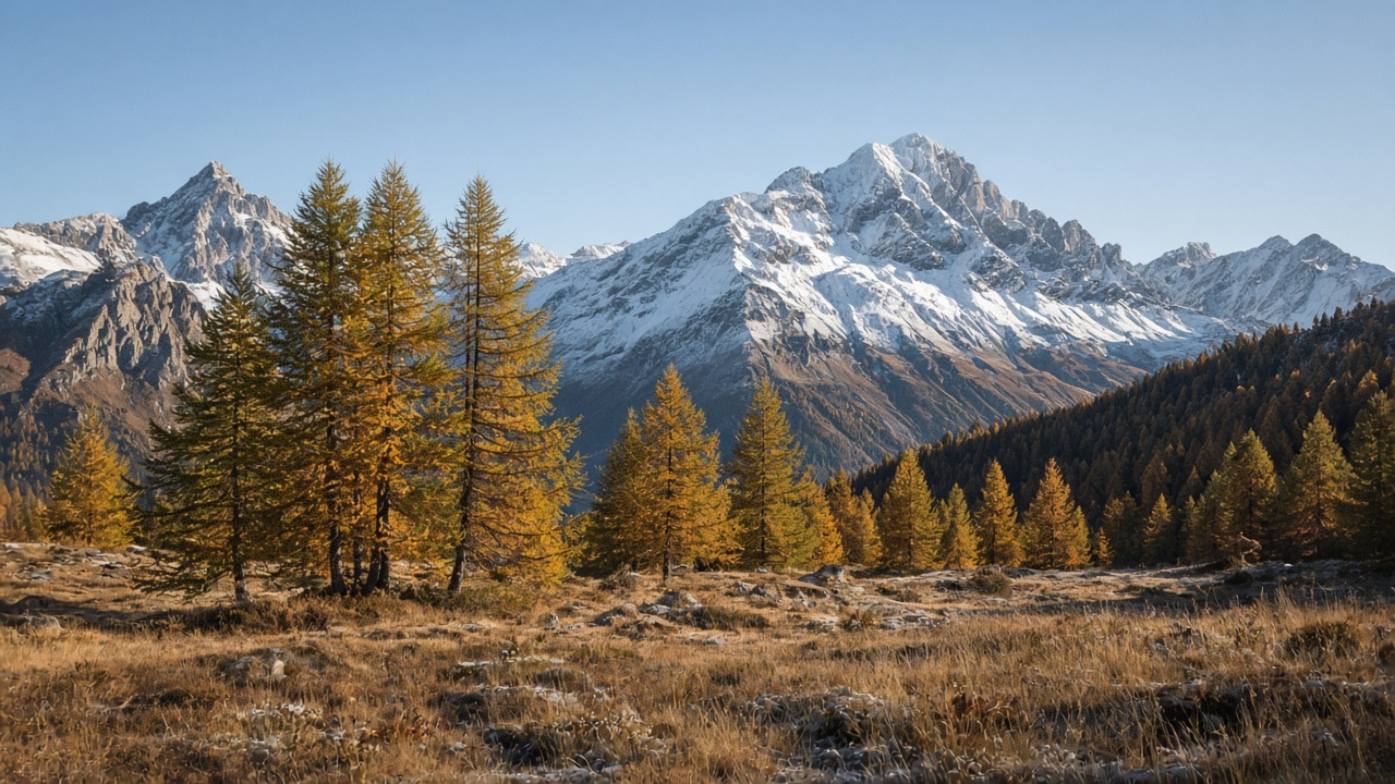 A Swiss alpine valley in early autumn with golden larch trees, dry brown pasture and the first snow on the high peaks