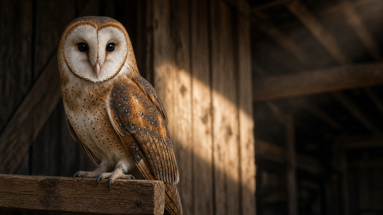 A barn owl with reddish-brown speckled plumage perched on a beam inside a Swiss barn, lit by a shaft of warm light
