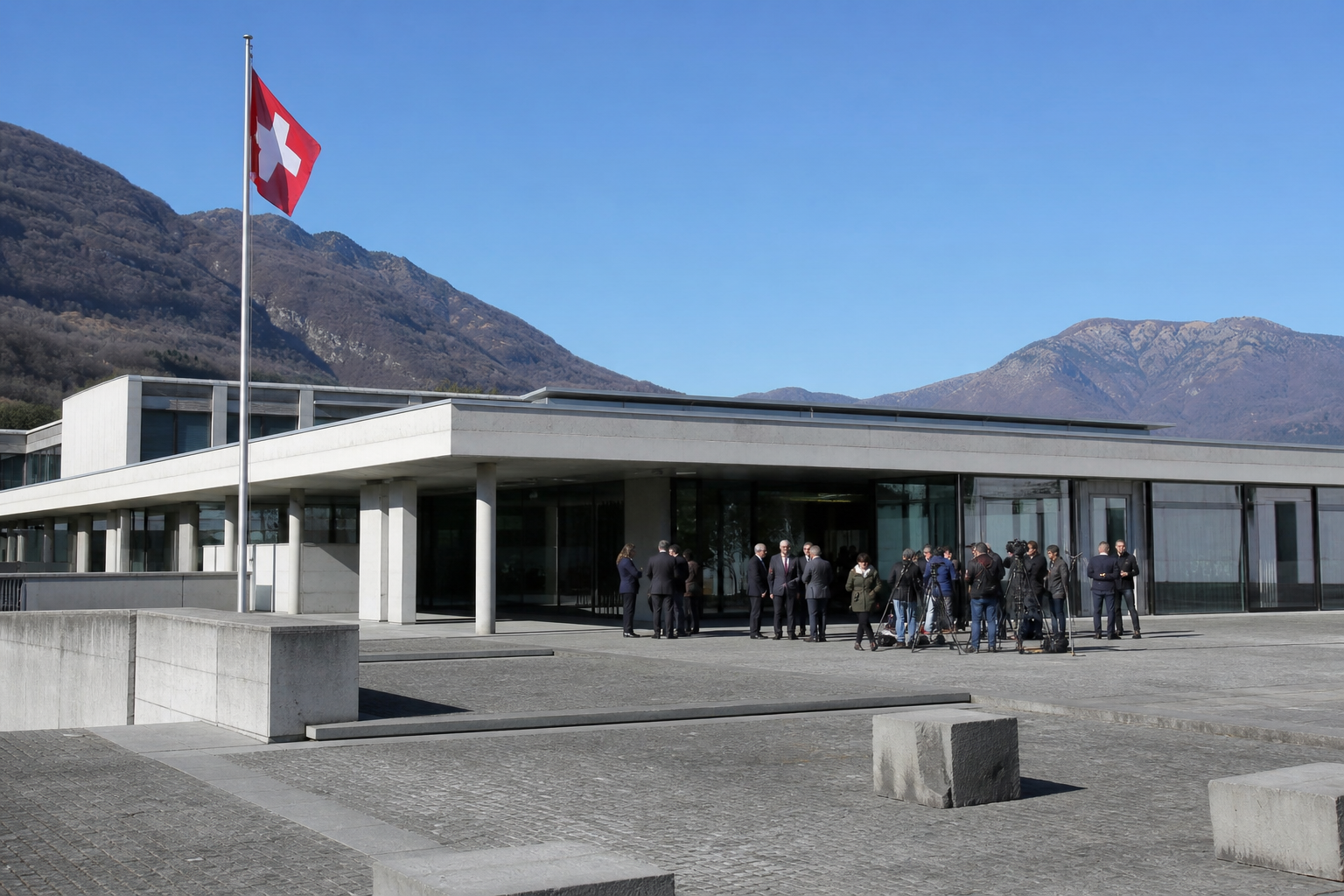 The Federal Criminal Court building in Bellinzona on the first morning of the trial