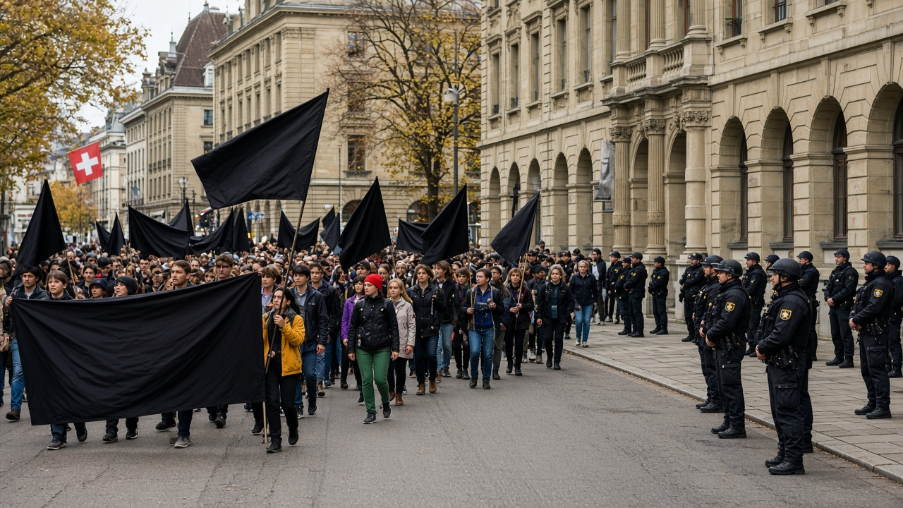 A large crowd of demonstrators with banners moving along a Bern street watched by police officers