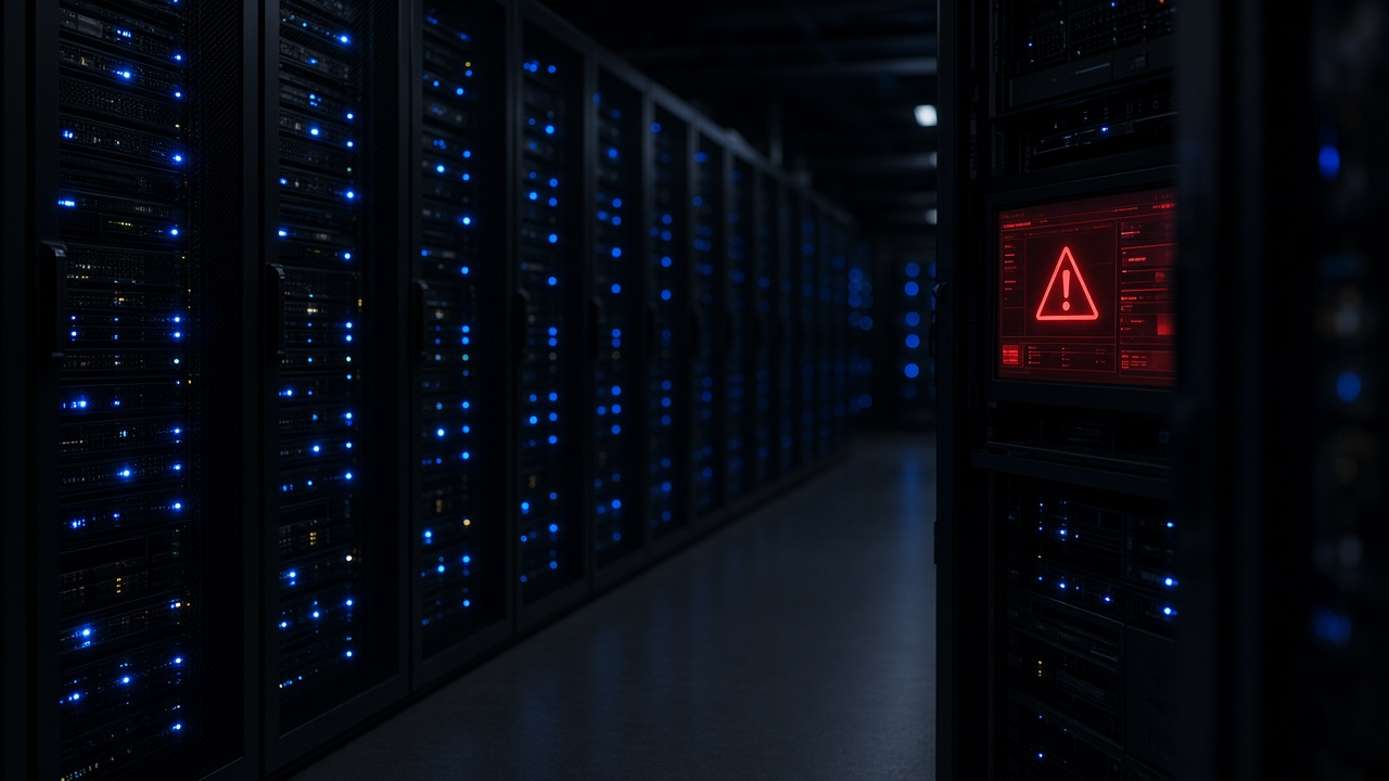 A dark data centre corridor with blinking server racks and a red warning glow on one monitor