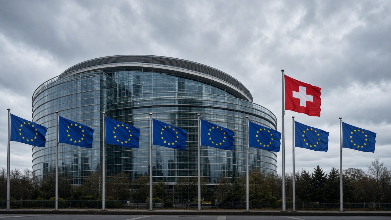 The European Parliament building in Brussels with EU flags and a single Swiss flag flying in the foreground
