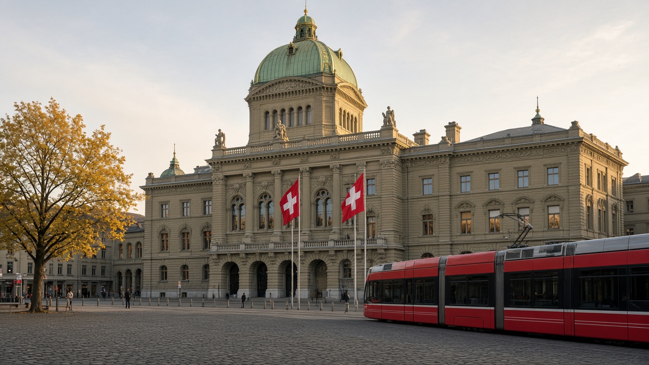 The Federal Palace in Bern with its green dome and Swiss flags, a red tram crossing the Bundesplatz in early autumn light