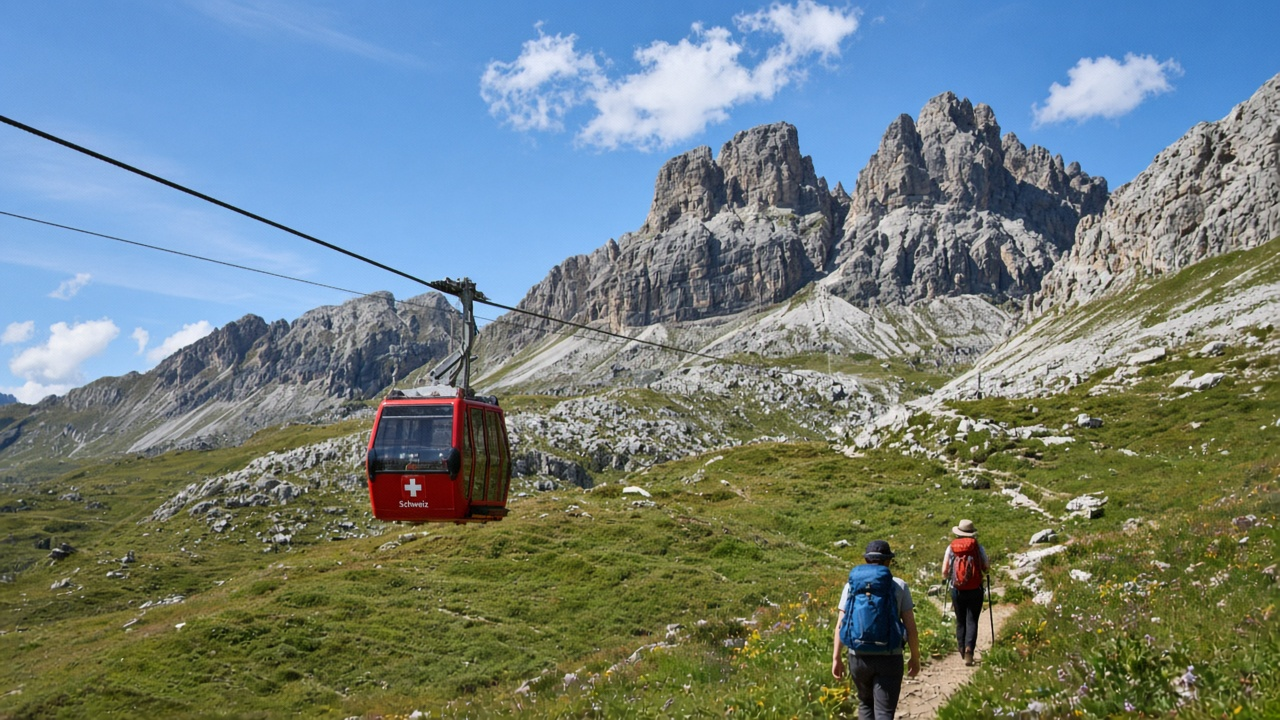 A small red Swiss cable car climbing above green alpine meadows with hikers below and rocky peaks behind