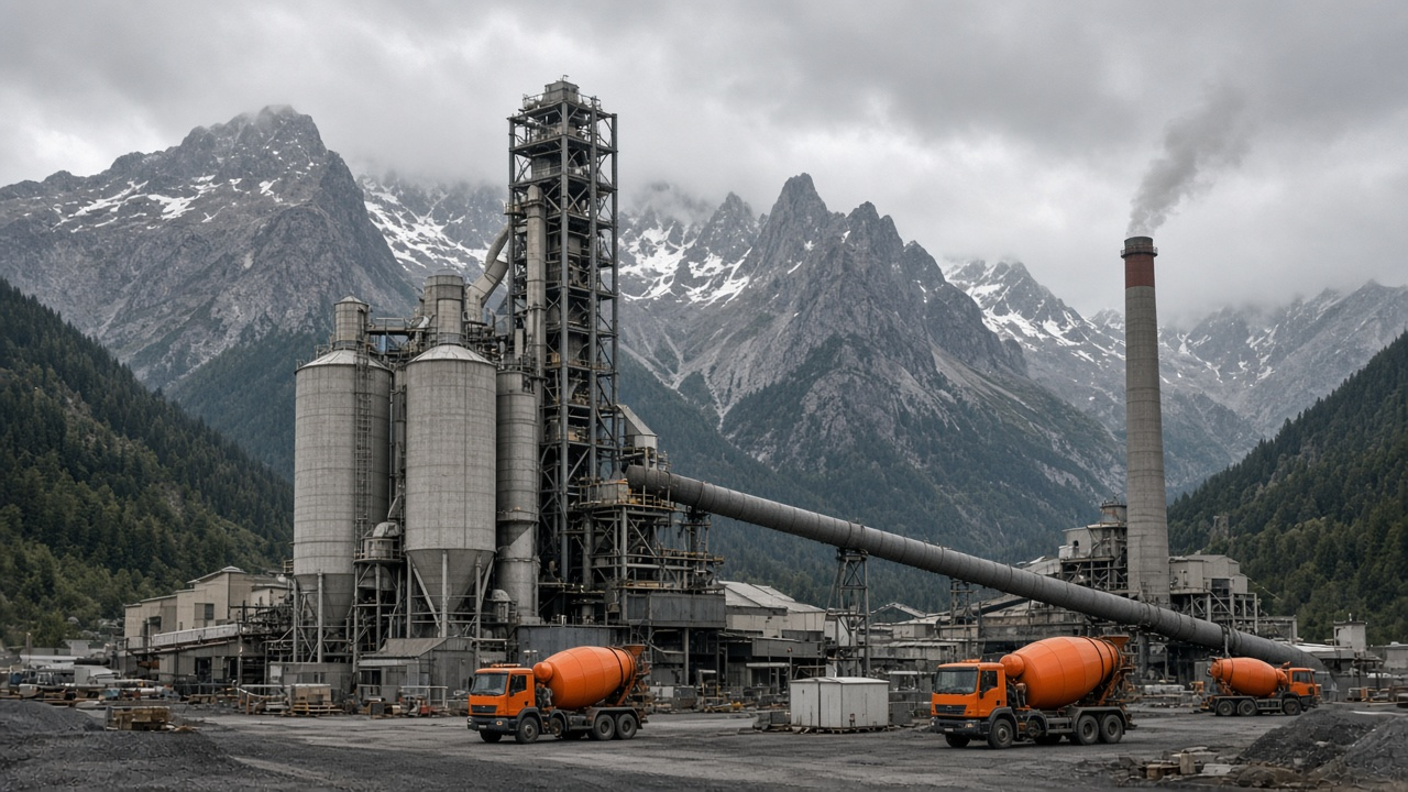 A cement plant with silos, a rotary kiln and a smokestack in an Alpine valley, with delivery trucks in front