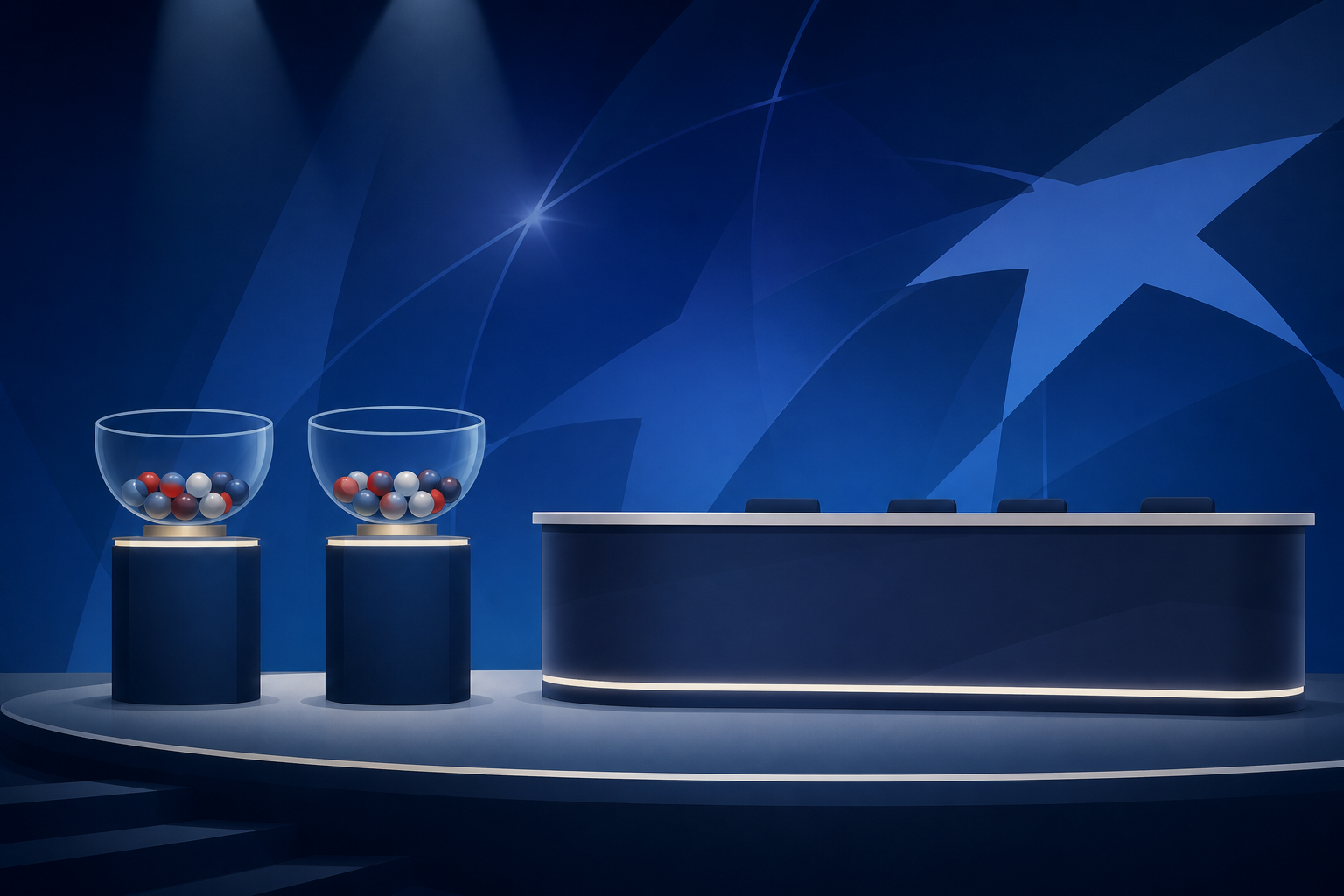 Glass bowls of draw balls on pedestals at a European football draw ceremony lit in blue