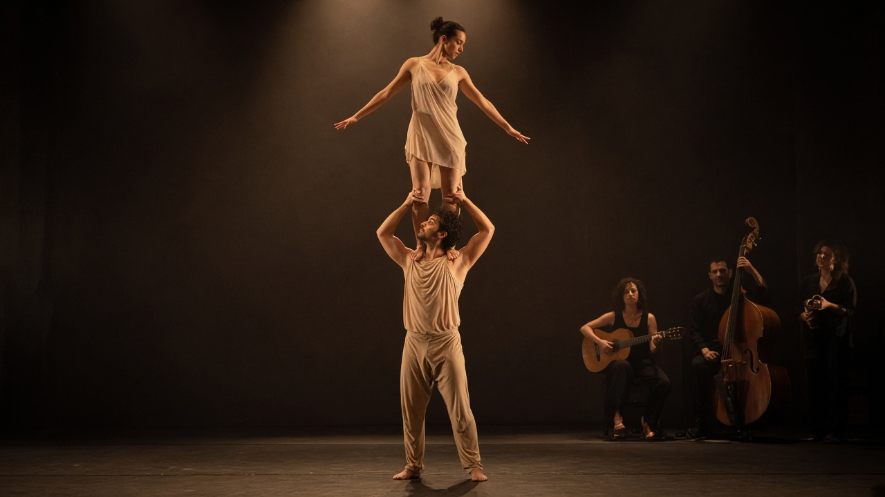 Contemporary circus performers in simple costumes on a warmly lit stage with musicians at the side