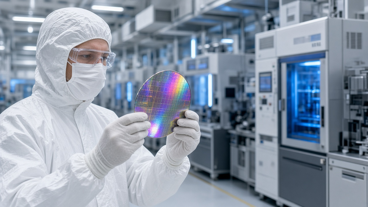 A technician in a white cleanroom suit holding up a shimmering silicon wafer inside a semiconductor plant