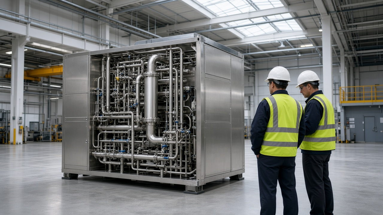 A compact modular nuclear reactor unit the size of a shipping container inside a bright industrial test hall with engineers in hard hats