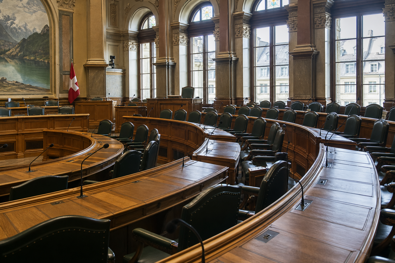 The semicircular chamber of the Swiss Council of States in Bern with rows of wooden desks and microphones