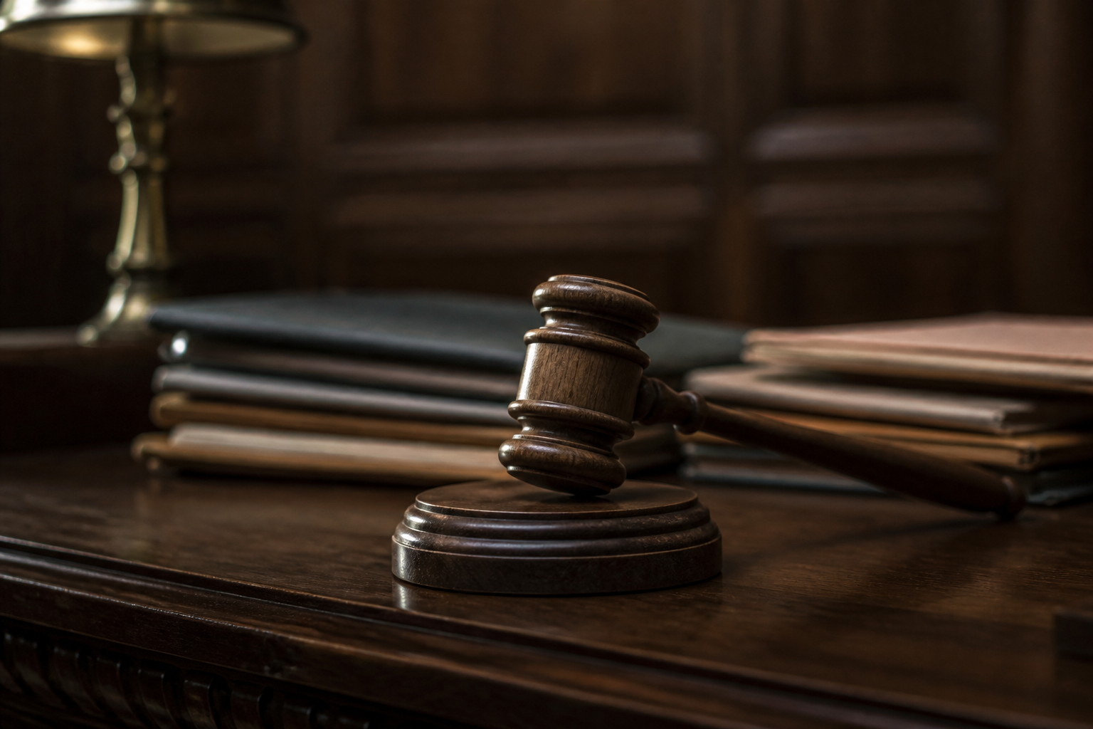 A wooden gavel resting on a courtroom bench beside legal documents
