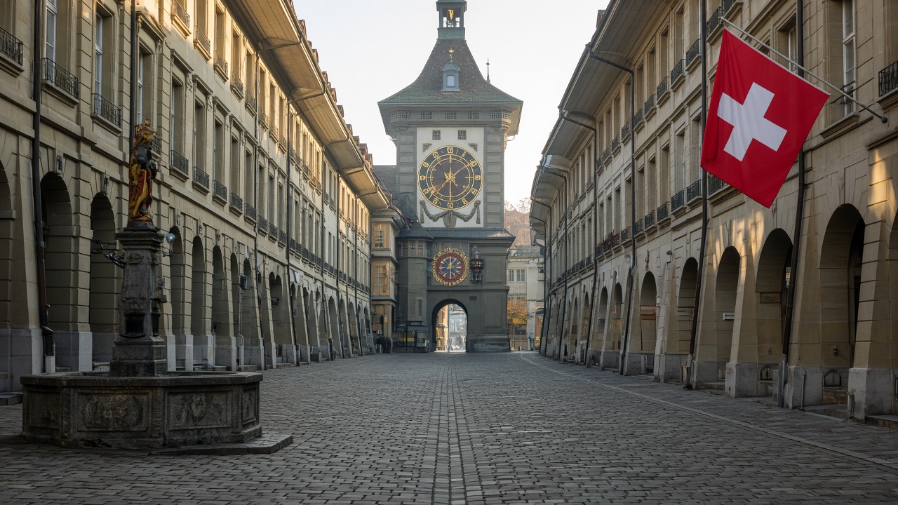 The Kramgasse in Bern’s old town with its cobbles, arcades and the Zytglogge clock tower at the end of the street