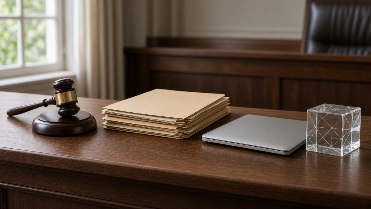 A wooden gavel, legal folders and a closed laptop on an empty courtroom desk, with a glass cube beside them