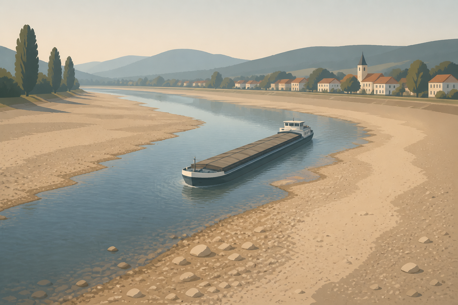 A cargo barge riding low on a wide river between exposed gravel banks under a hazy sky