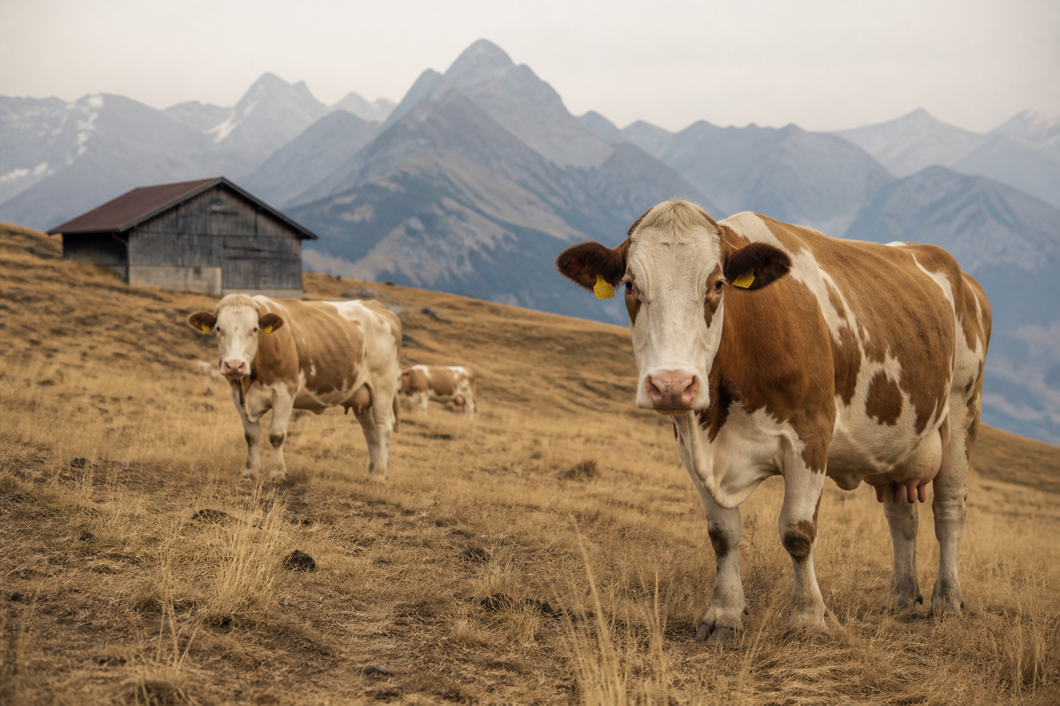 Dairy cows standing in a parched brown alpine pasture with a wooden barn and hazy mountains behind