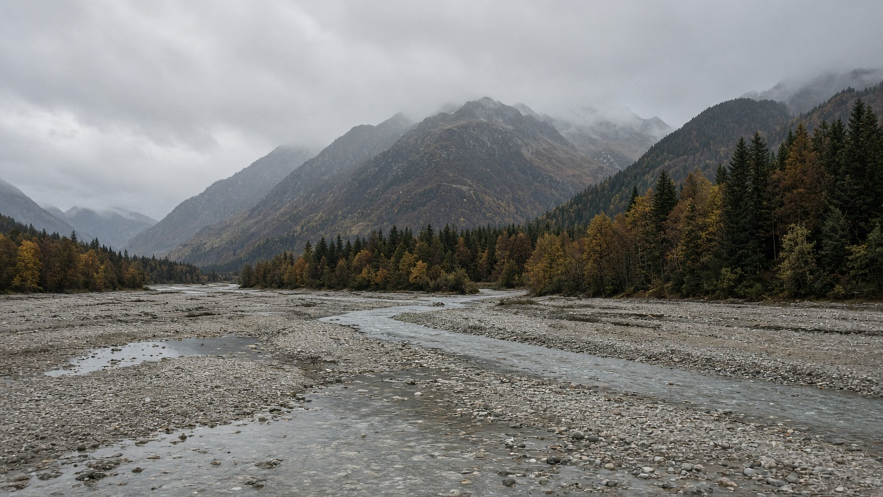 A wide gravel riverbed of a Swiss river with shallow puddles after rain under an overcast autumn sky