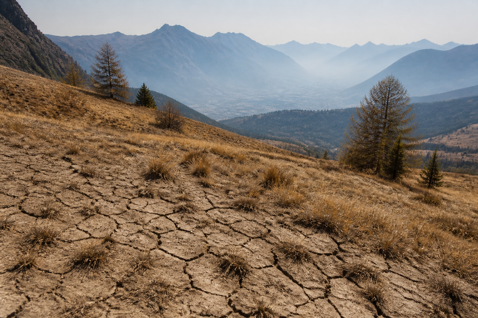 A parched alpine meadow above a hazy valley in the Swiss Alps