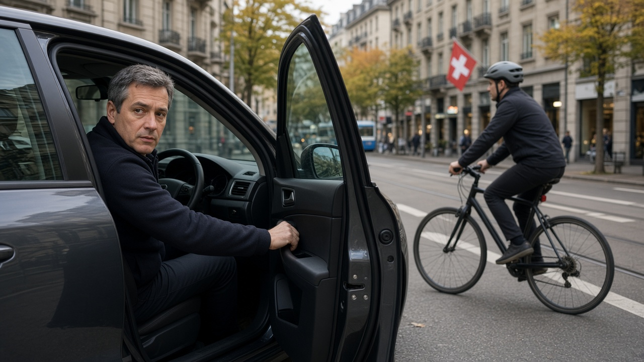 A driver looking over his shoulder while opening a car door as a cyclist passes on a Swiss city street