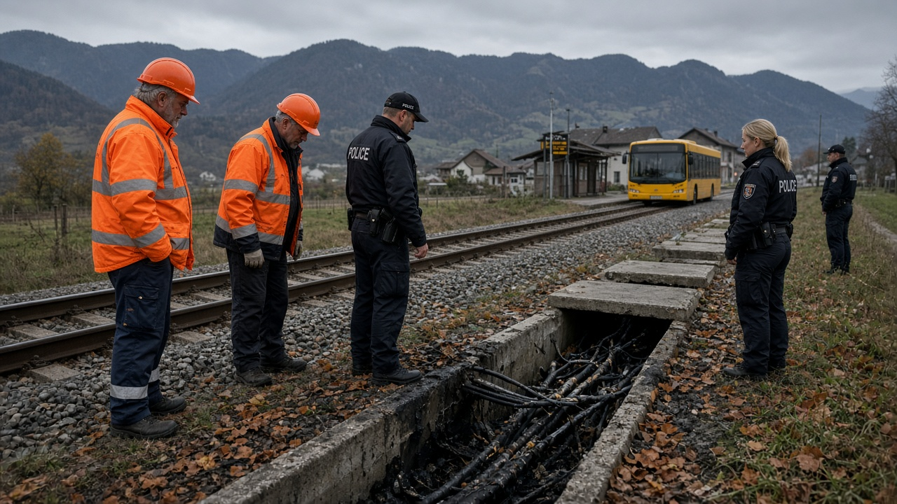 Swiss railway workers in orange high visibility jackets and police officers beside a rural railway track at dawn, inspecting a fire damaged cable duct