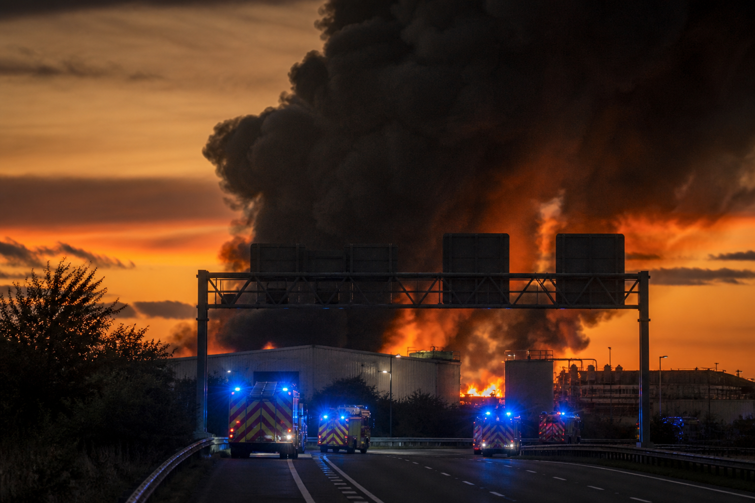 A thick column of black smoke rising from an industrial warehouse beside a motorway at dusk