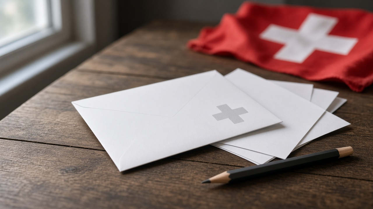 A voter dropping a ballot envelope into a wooden ballot box in front of a Swiss flag