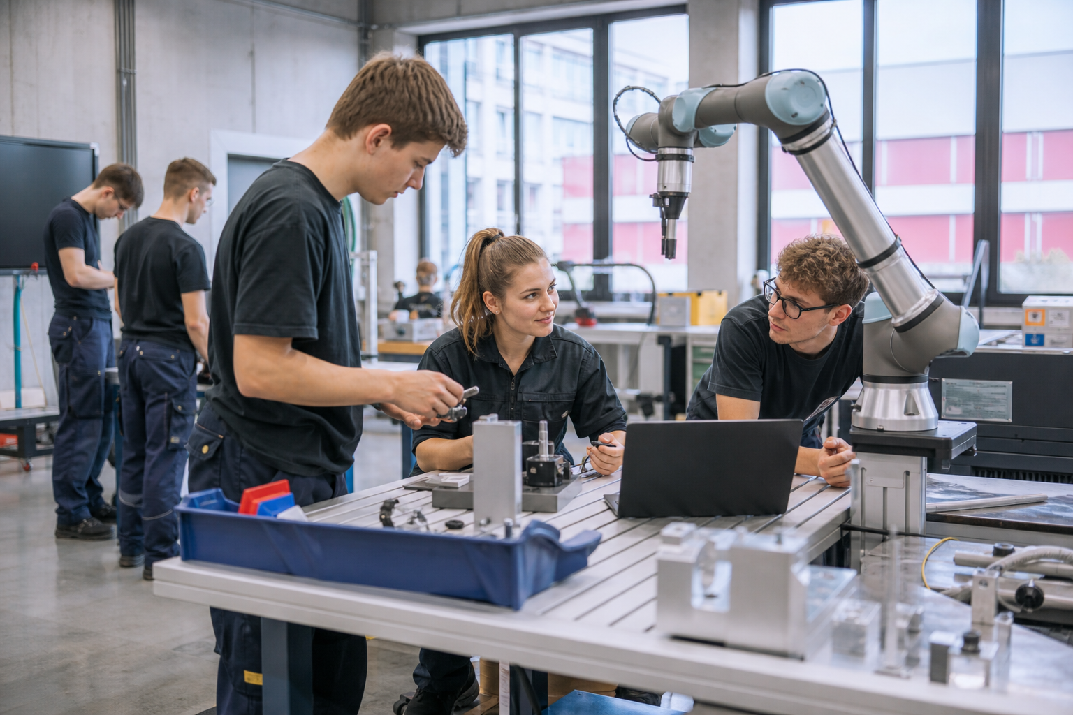 Students and apprentices working together at robotic arms in a bright modern workshop