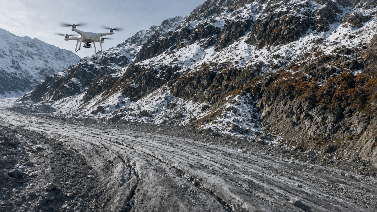 A drone flying over a debris covered alpine glacier in Valais with steep rocky ridges behind
