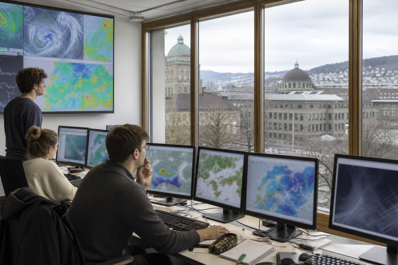 Computer monitors in a Zurich forecasting room showing atmospheric charts