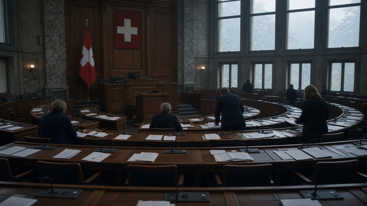 The Council of States chamber in Bern in the early morning after a marathon night session on the EU treaty package