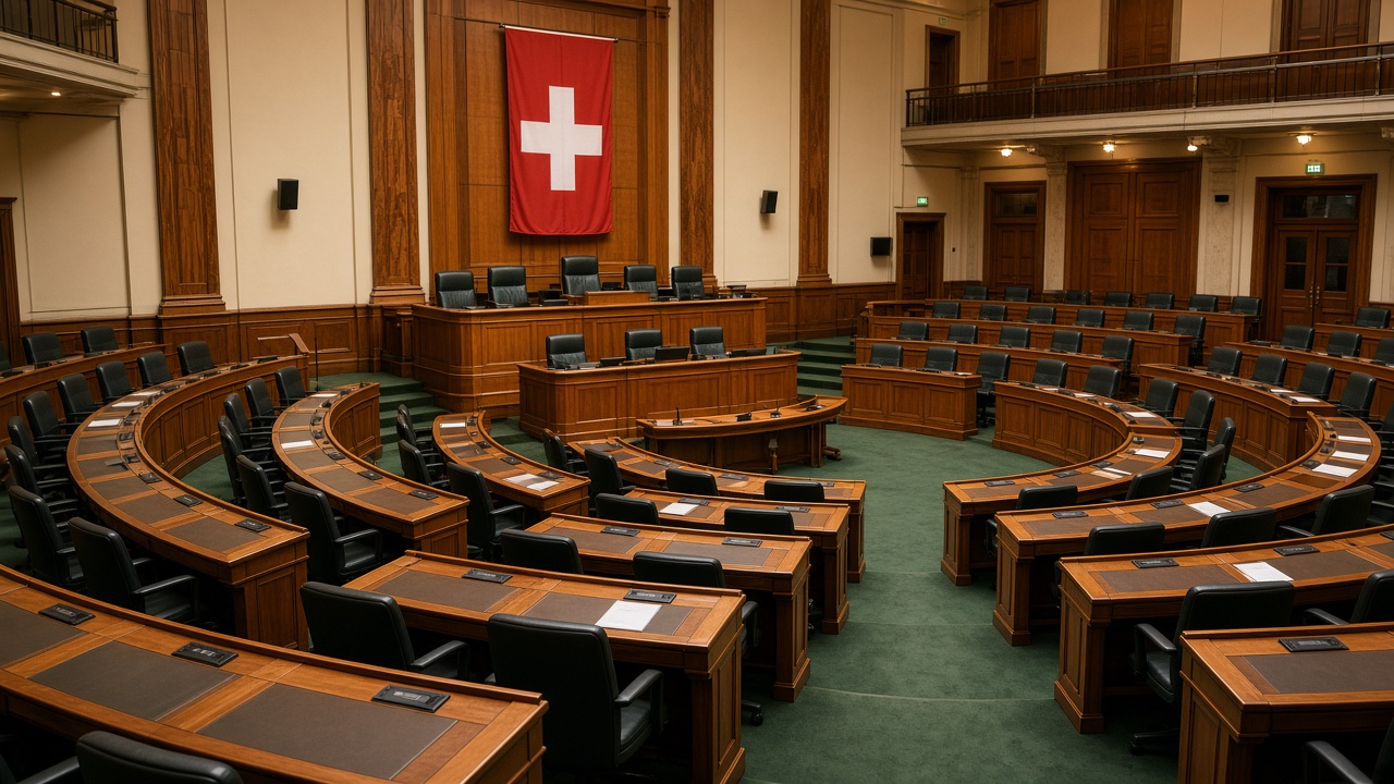 The semicircular chamber of the Swiss Council of States in Bern with rows of wooden desks and microphones before a session
