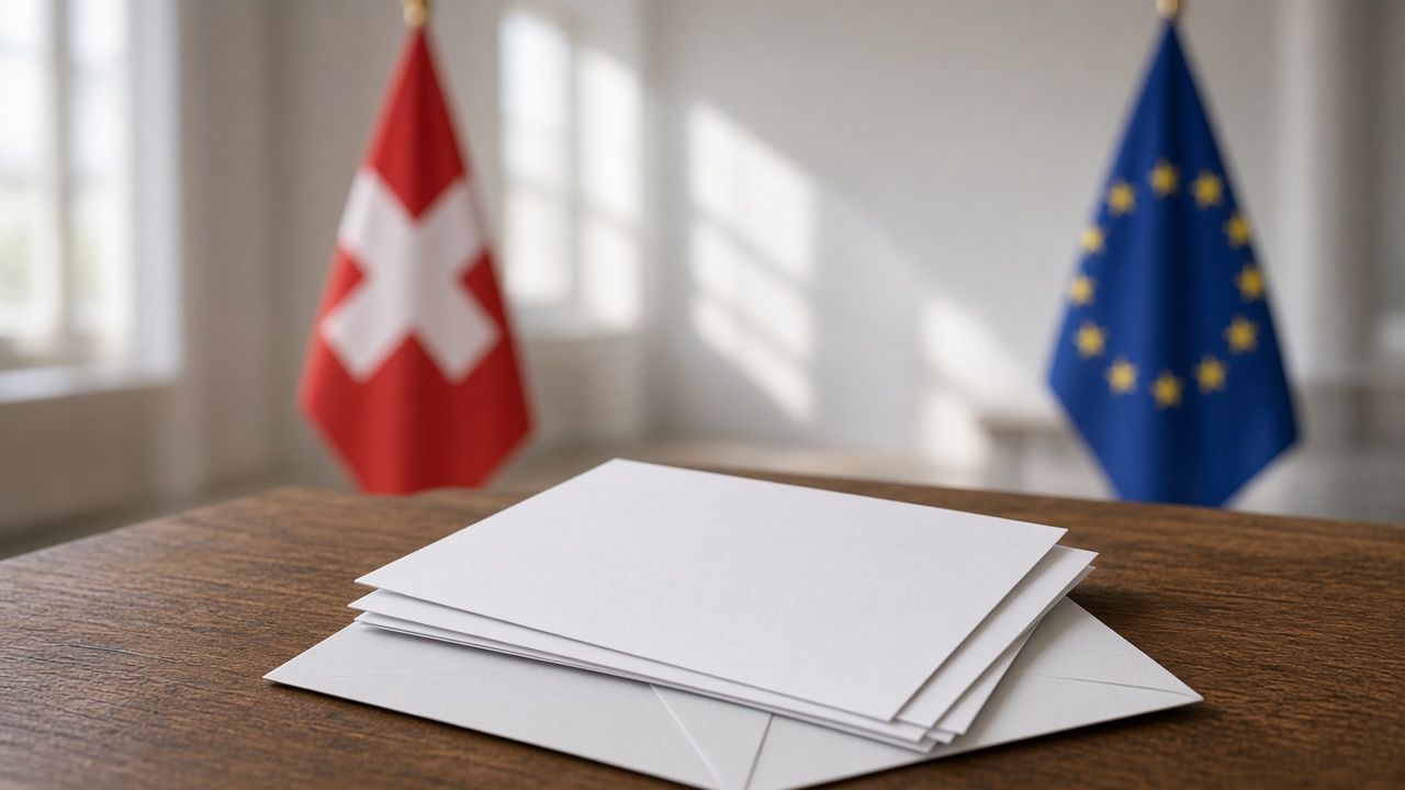 An official Swiss voting envelope and ballot papers on a wooden table with Swiss and EU flags behind