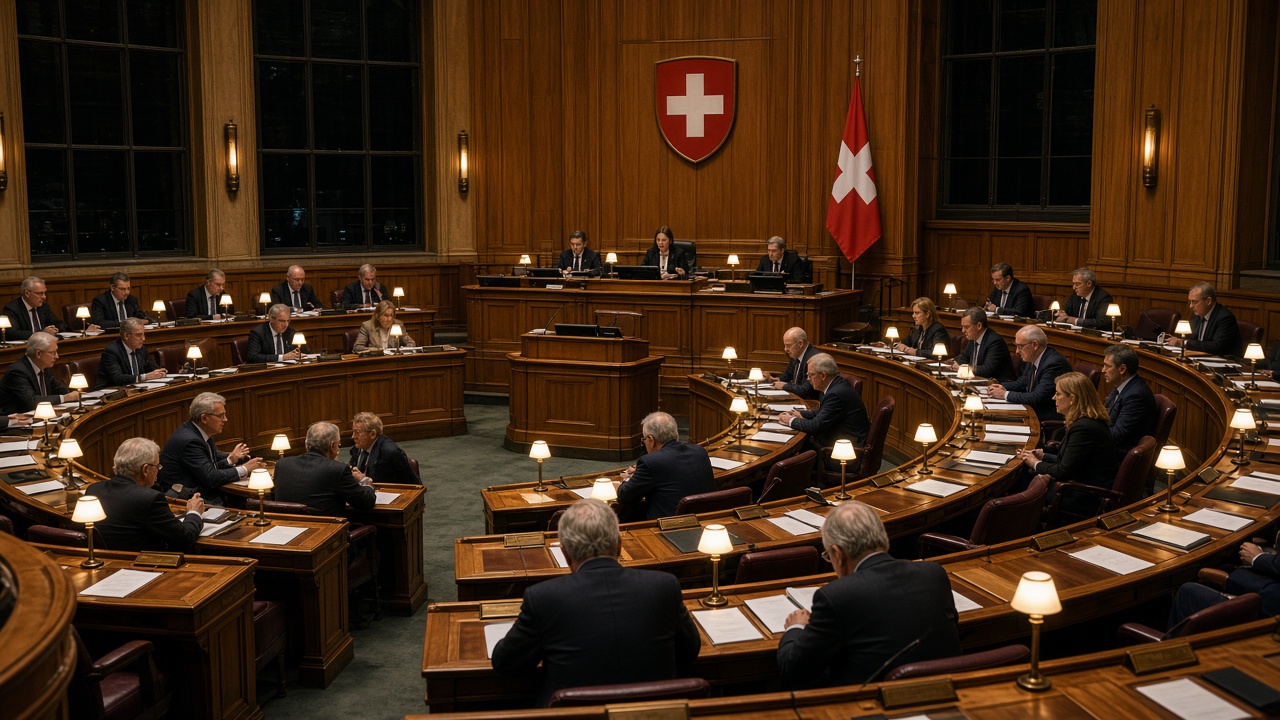 The Council of States chamber in Bern during the evening debate on the EU treaty package, with senators at their desks