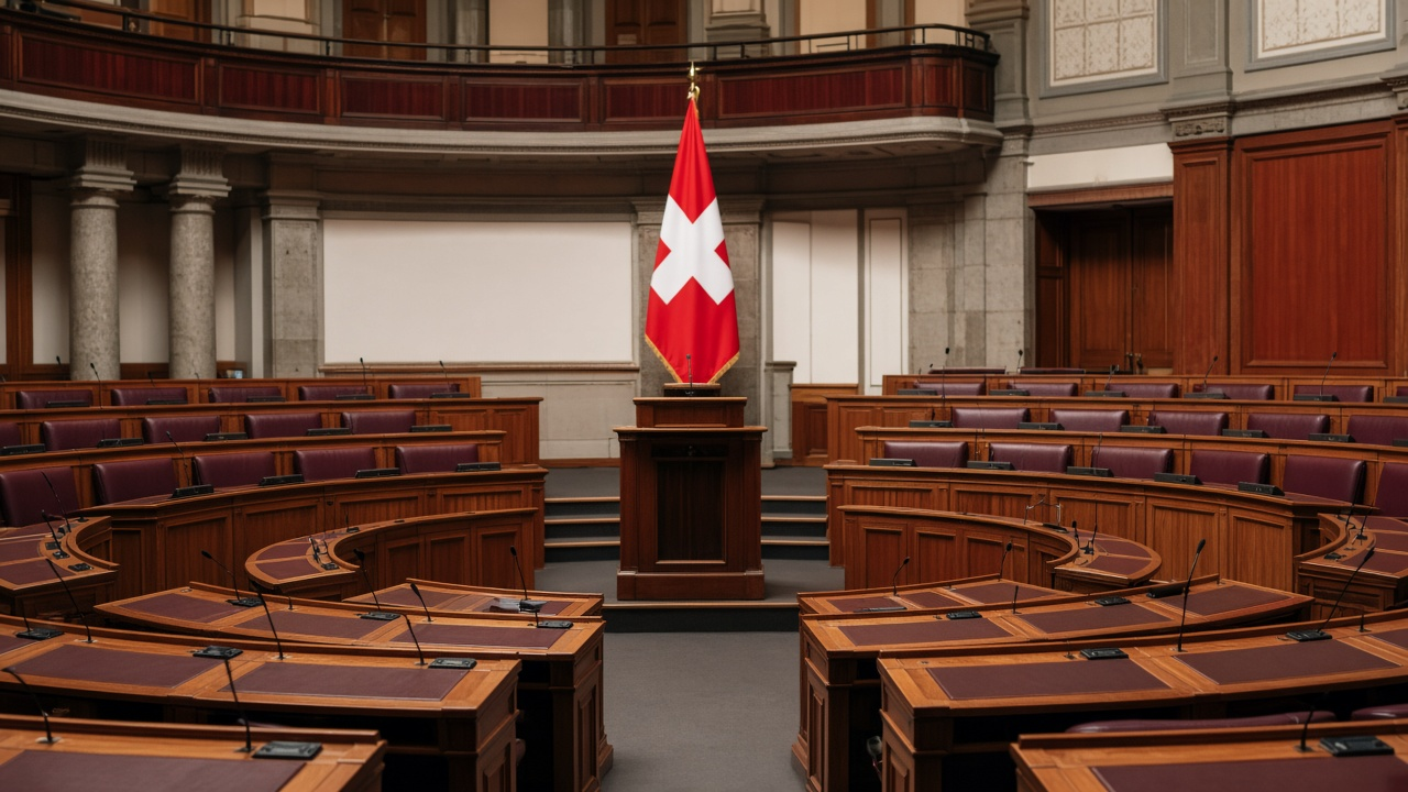 The speaker lectern in the Swiss Council of States chamber in Bern with the Swiss flag behind the empty rows of desks
