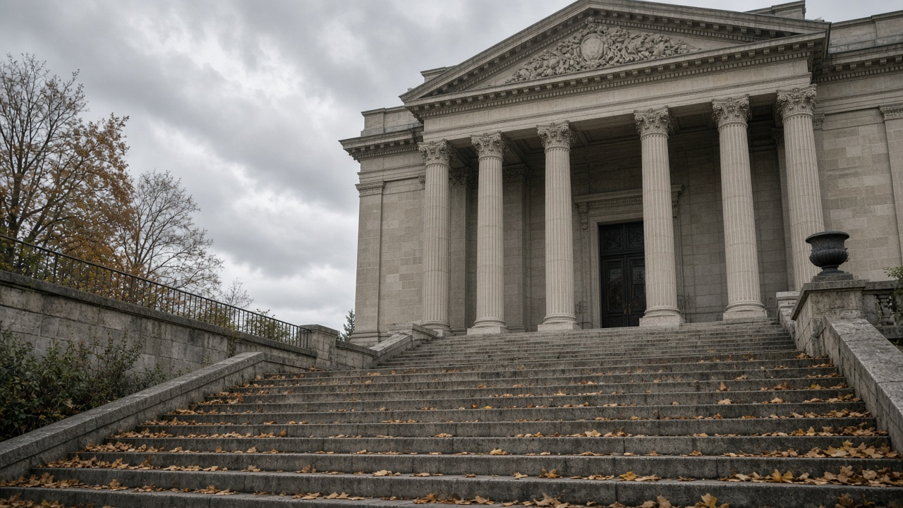 The monumental staircase and columns of the Swiss Federal Supreme Court in Lausanne under a grey autumn sky