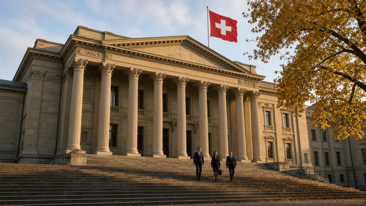 The neoclassical stone facade and steps of the Swiss Federal Supreme Court in Lausanne in autumn light