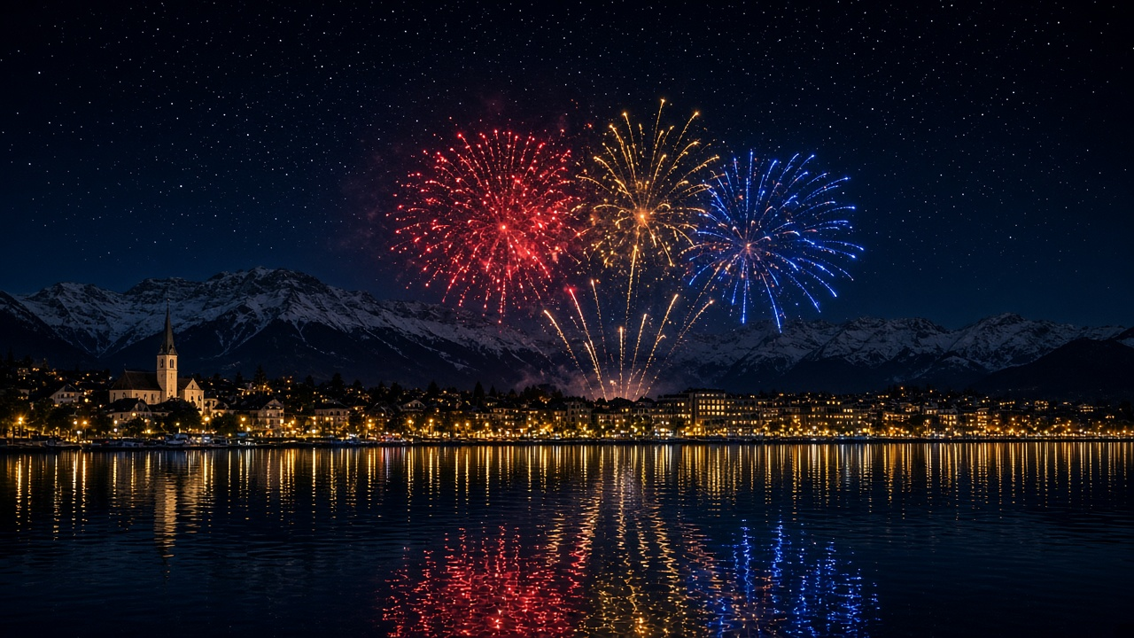 Fireworks bursting in red and gold over a Swiss lakeside town at night, reflected in the water