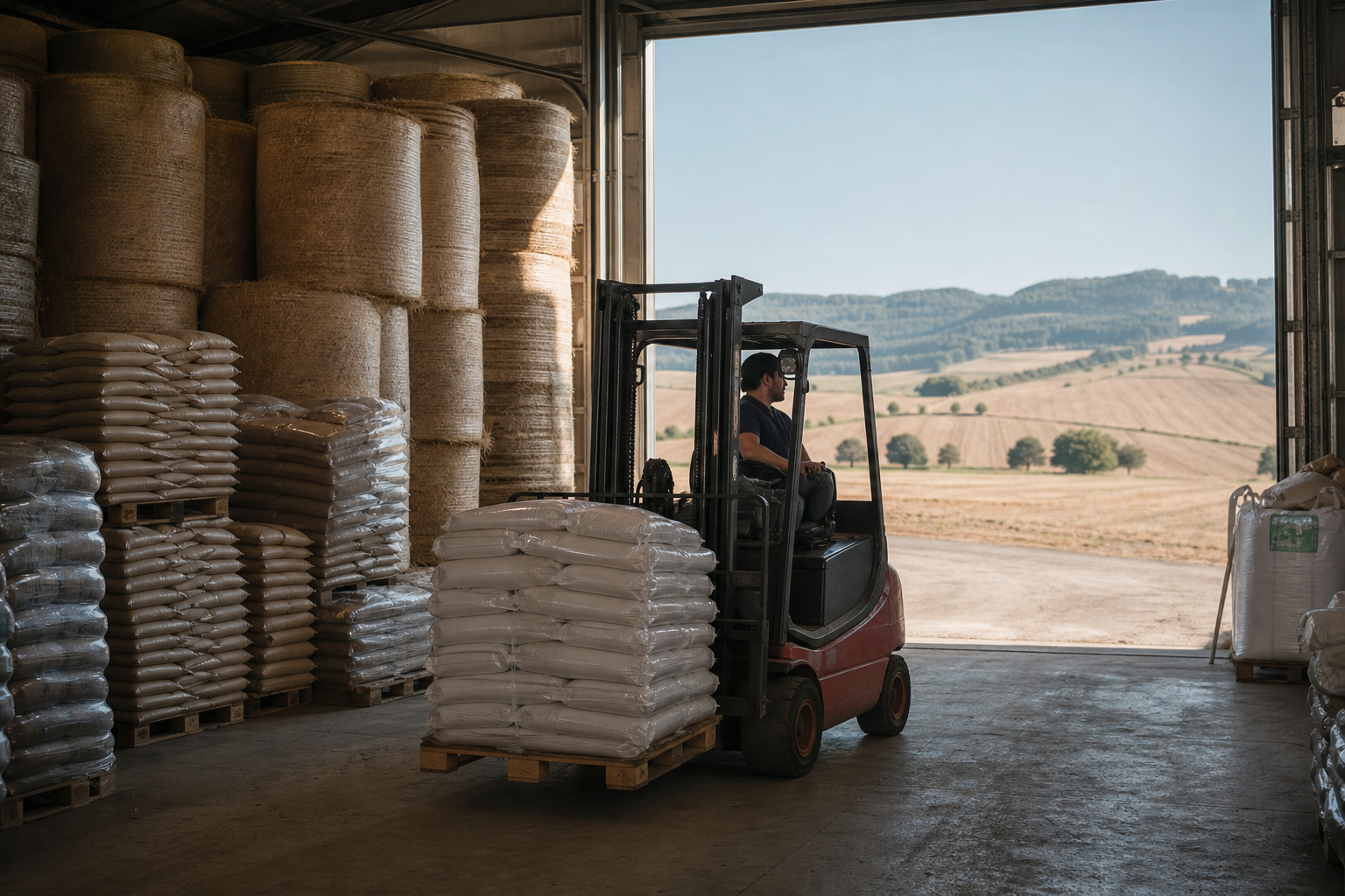 Stacked hay bales and sacks of animal feed inside a Swiss agricultural warehouse with dry fields beyond