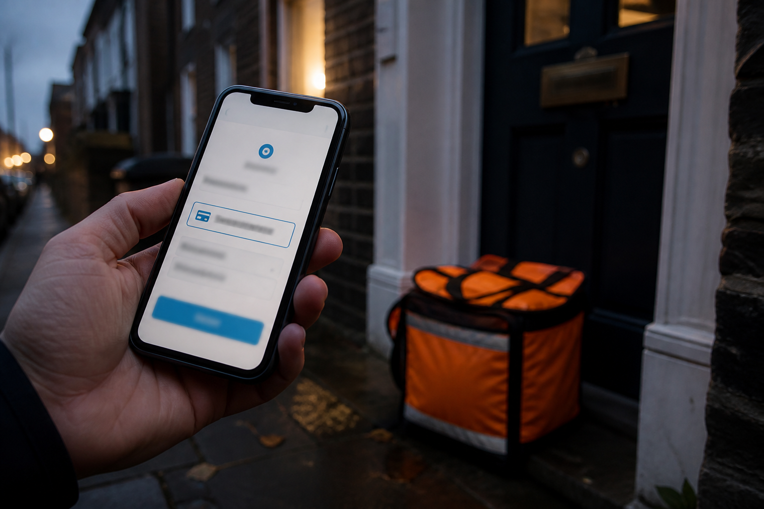 A hand holding a smartphone with a payment screen beside an insulated food delivery bag on a doorstep