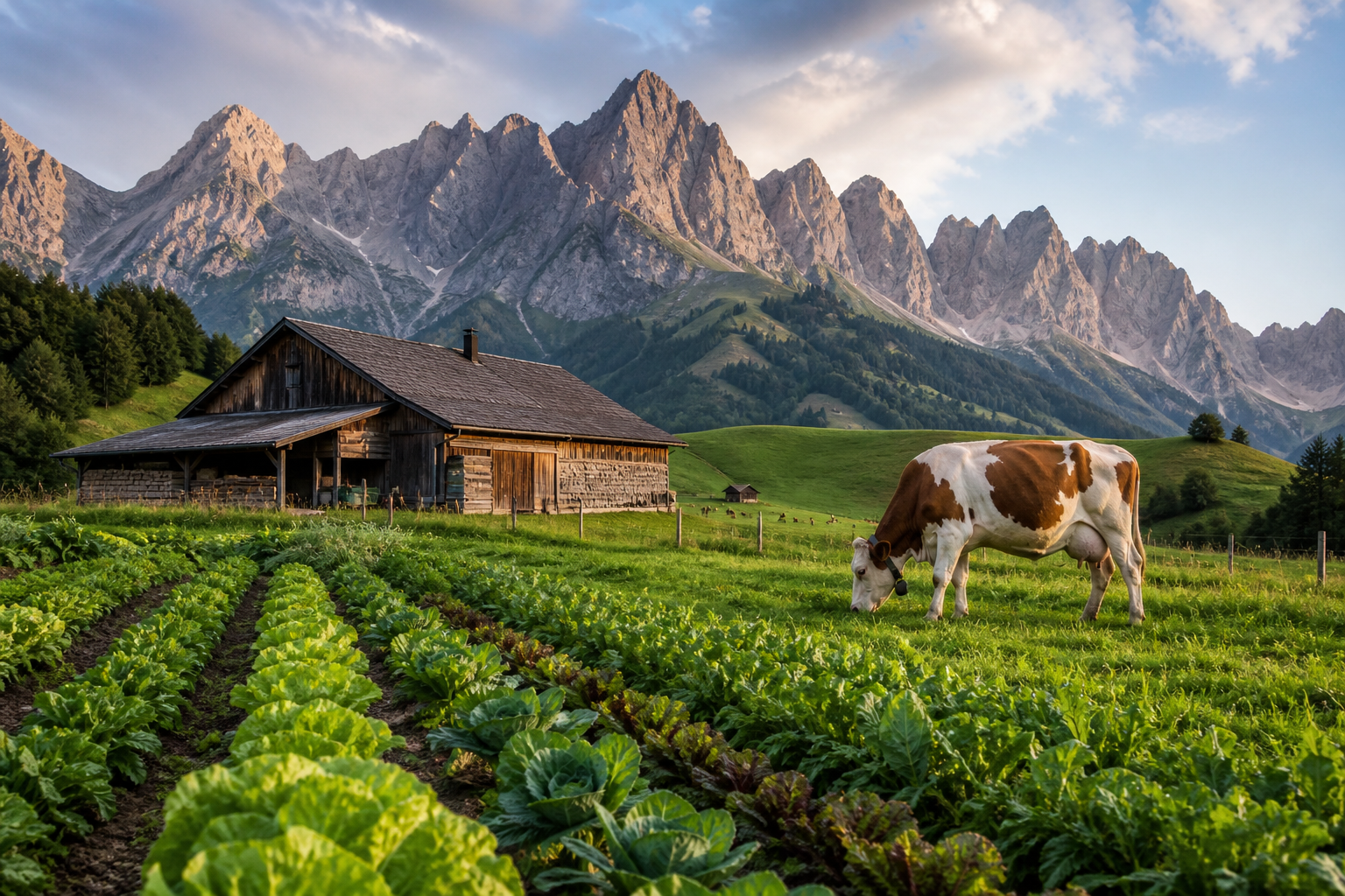 A Swiss farm with vegetable fields and grazing cows below an alpine ridge in late summer