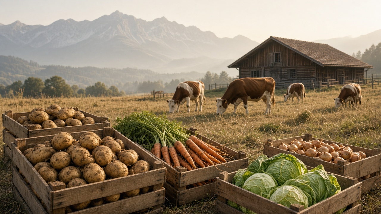 Wooden crates of harvested vegetables on a Swiss farm with dairy cows on dry pasture and an alpine ridge behind