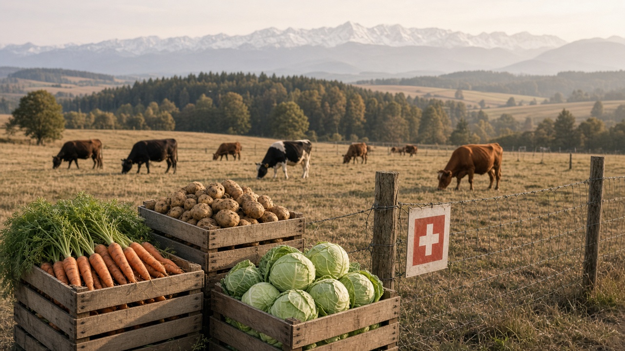 Crates of harvested carrots, potatoes and cabbage beside a fence with a referendum poster on a Swiss farm, cows on dry pasture behind